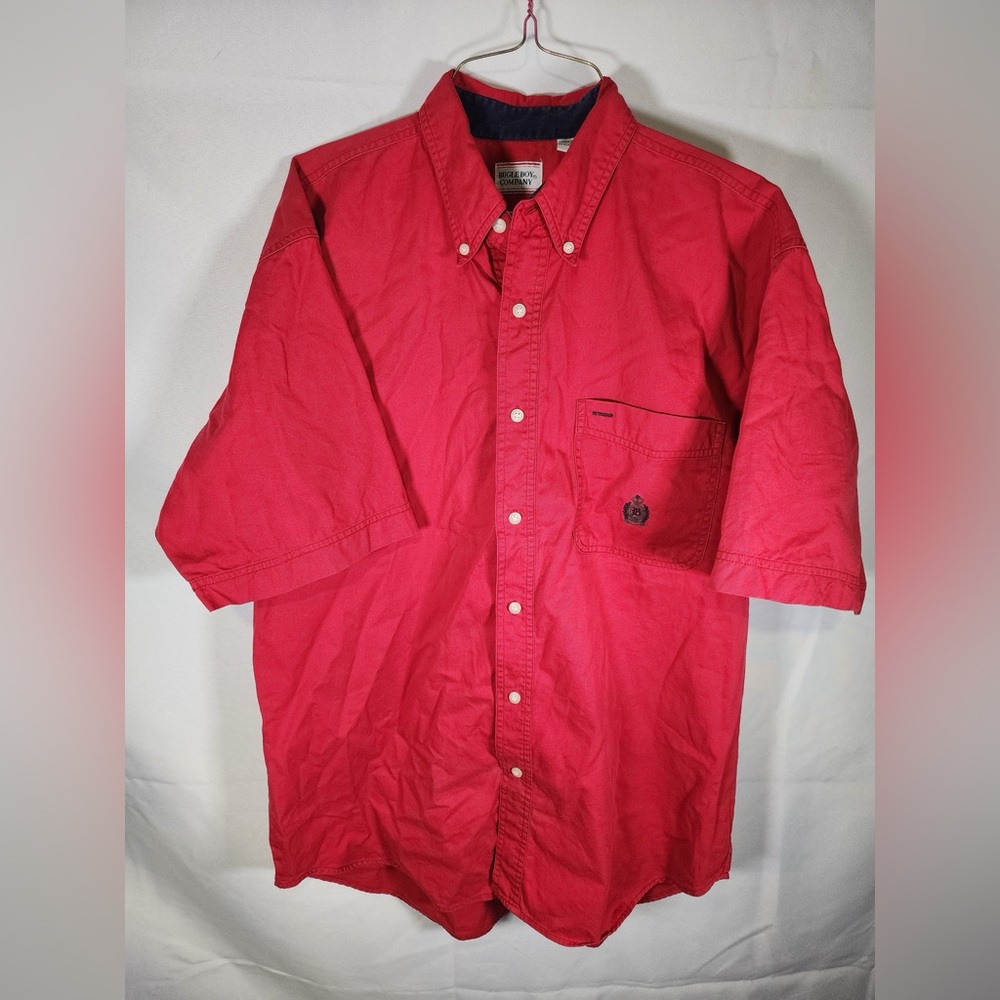 Bugle Boy Vintage Solid Red Button Short Sleeve Shirt Size Large 100% Cotton